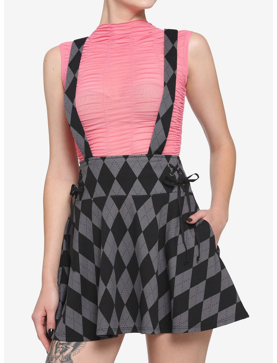 Black & Grey Argyle Lace-Up Suspender Skirt, BLACK, hi-res