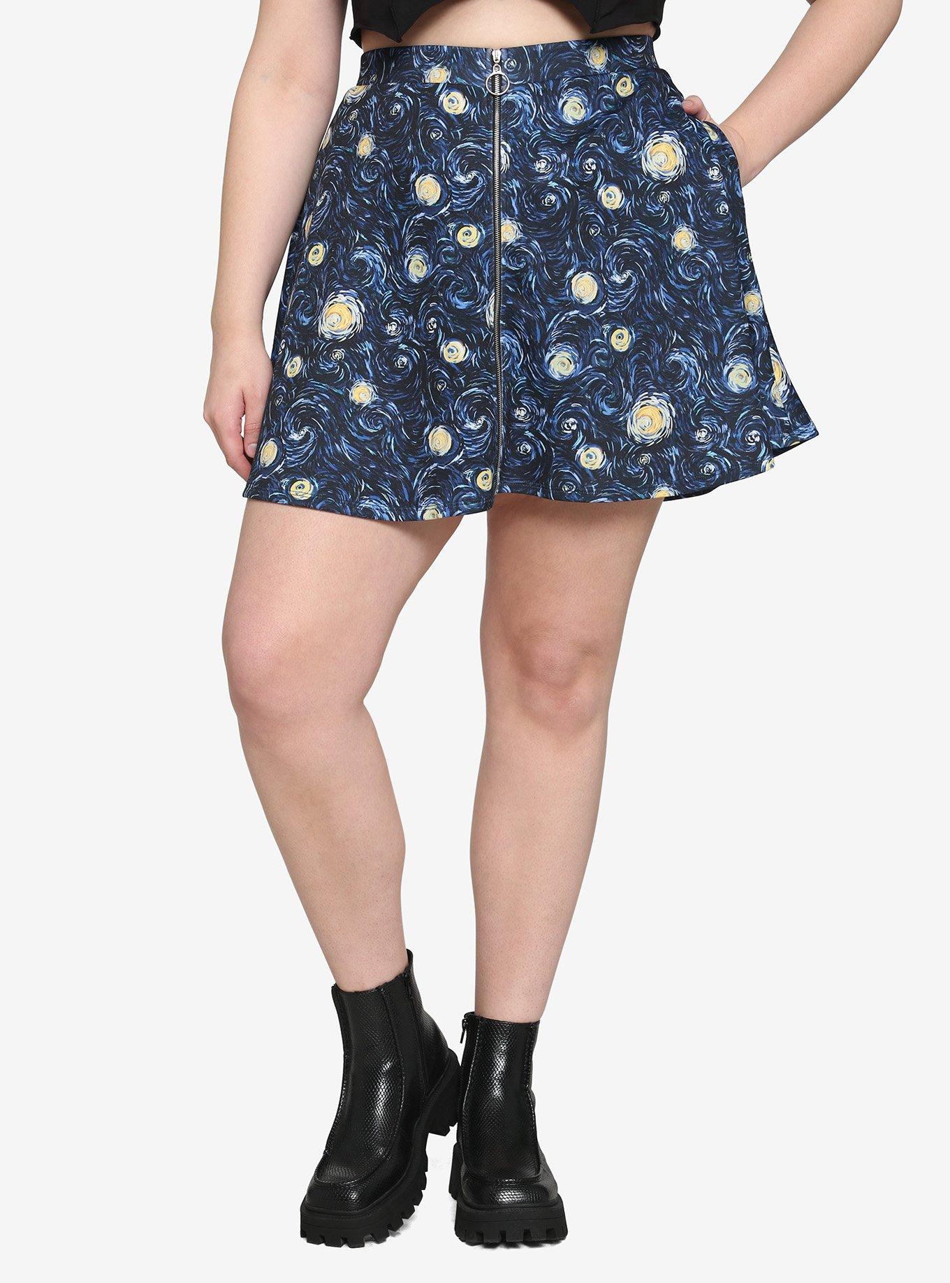 Starry Night O-Ring Zipper Skirt Plus Size, BLUE, hi-res