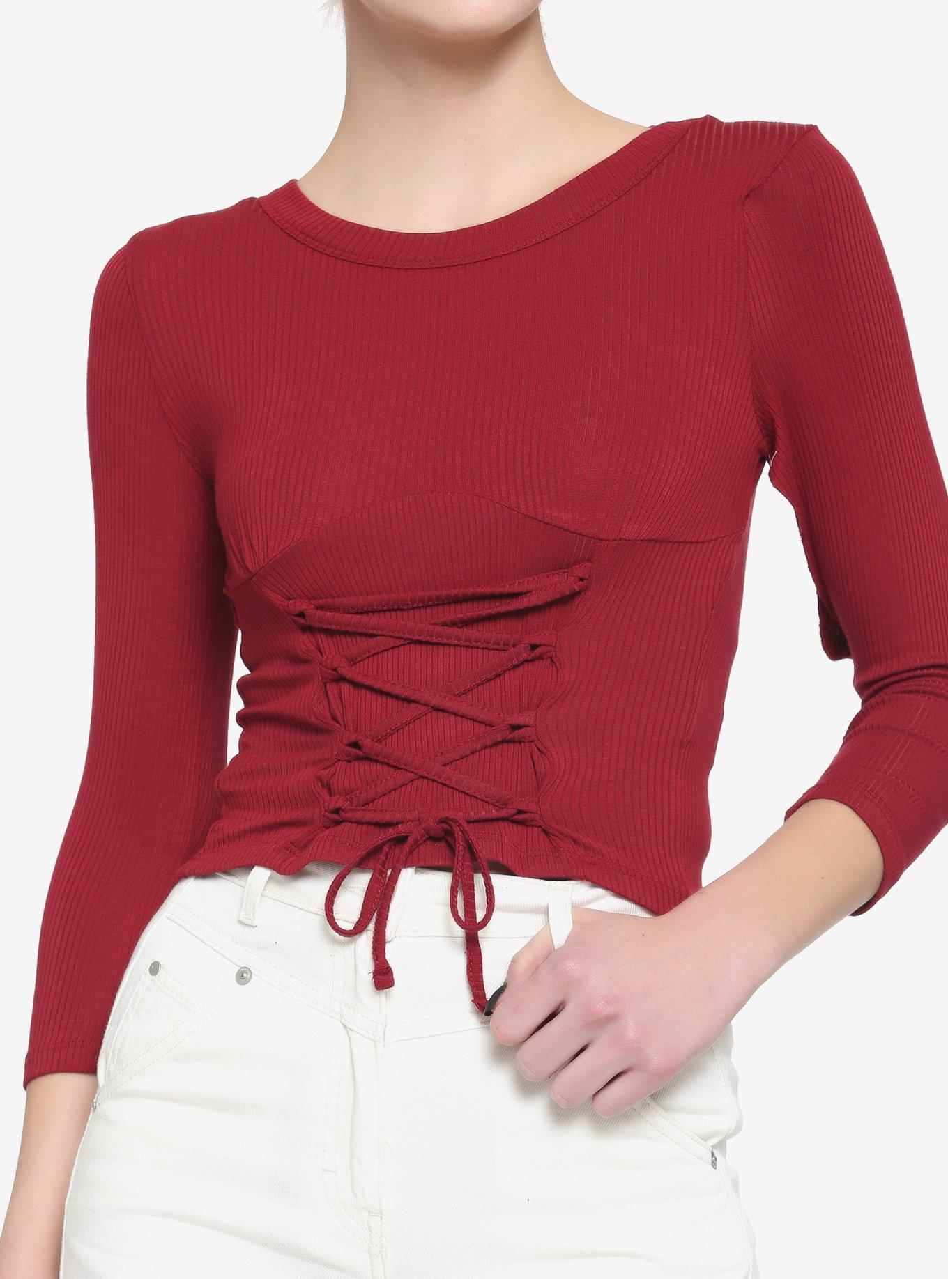 Merlot Lace-Up Girls Long-Sleeve Top