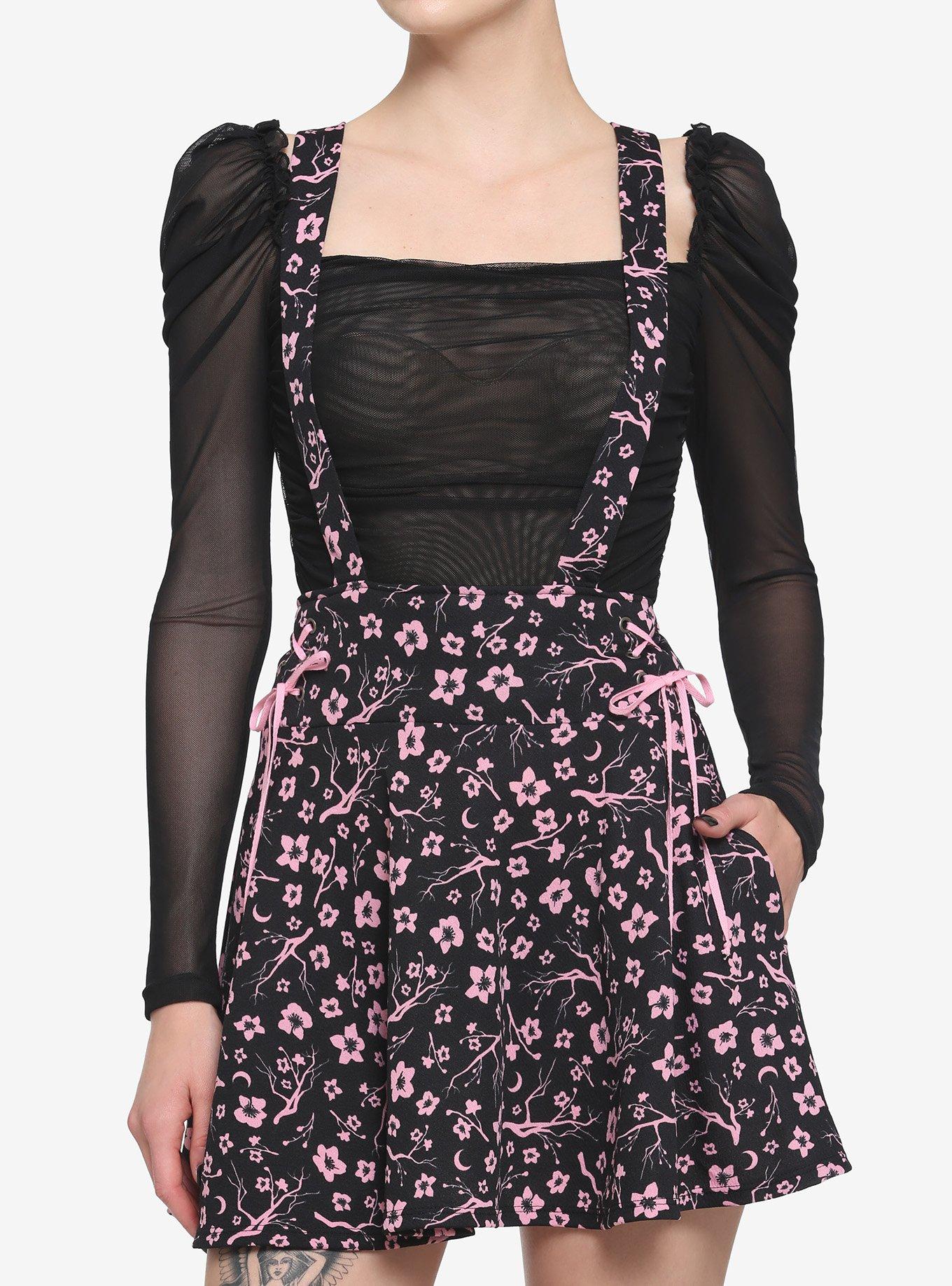 Black & Pink Sakura Blossom Lace-Up Suspender Skirt, BLACK, hi-res