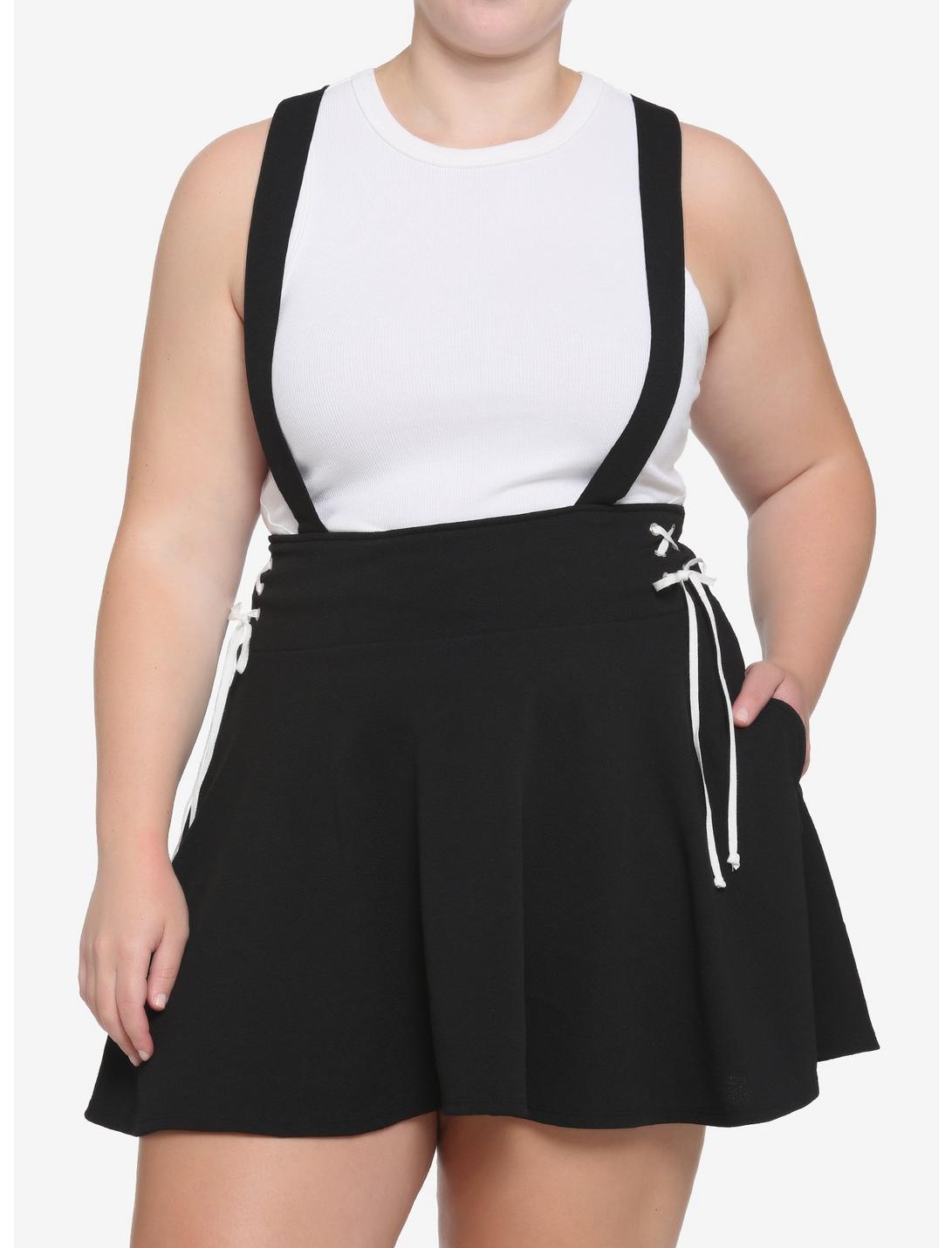 Black & White Lace-Up Suspender Skirt Plus Size, BLACK, hi-res