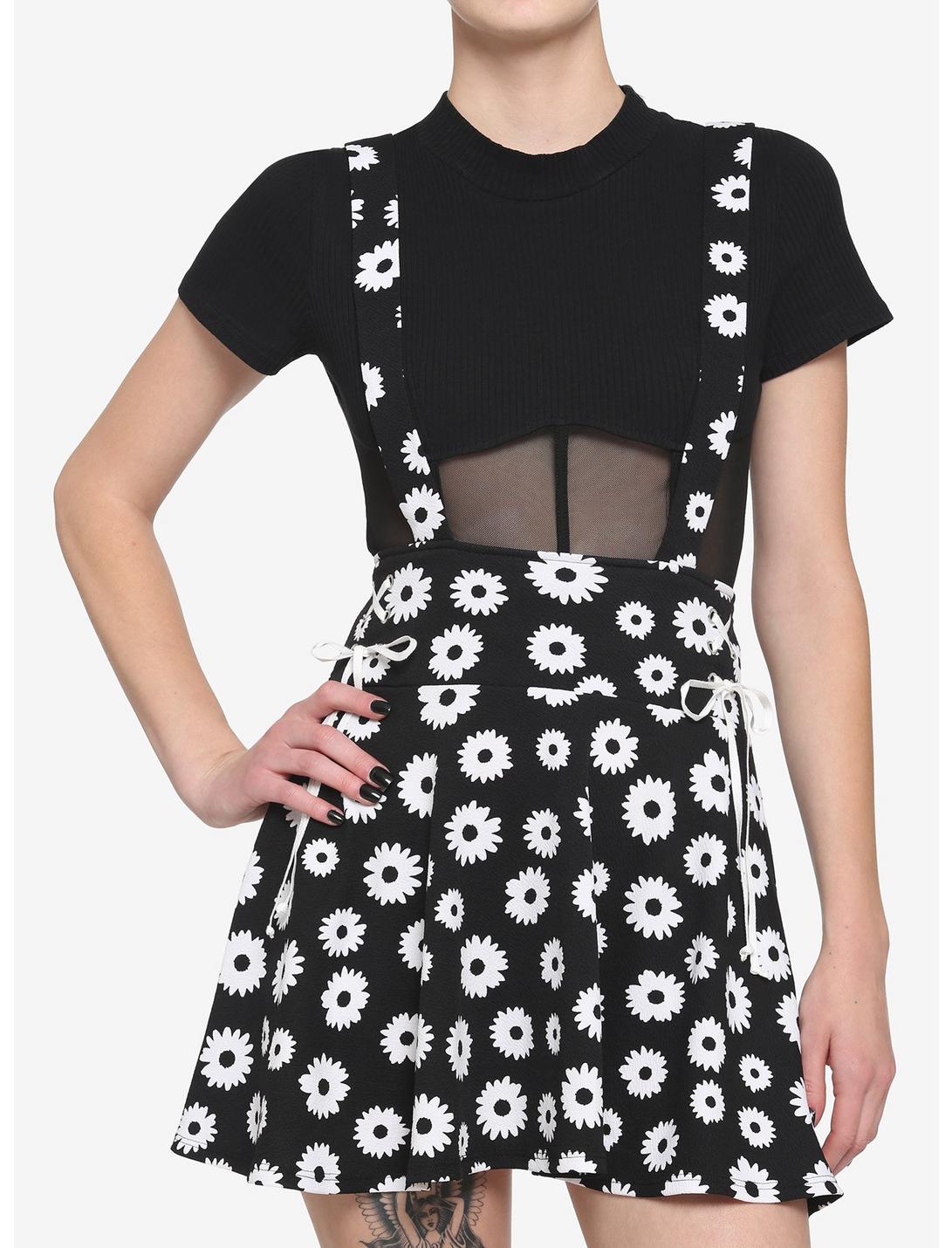 Black & White Daisy Suspender Skirt, BLACK, hi-res