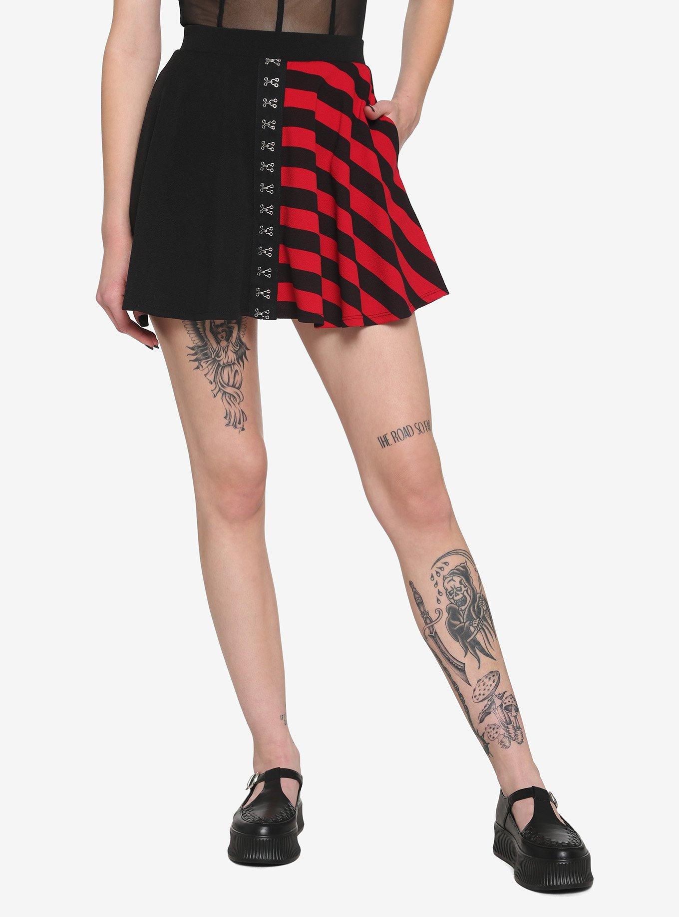 Black & Red Stripe Split Hook-And-Eye Skirt, SPLIT STRIPES, hi-res