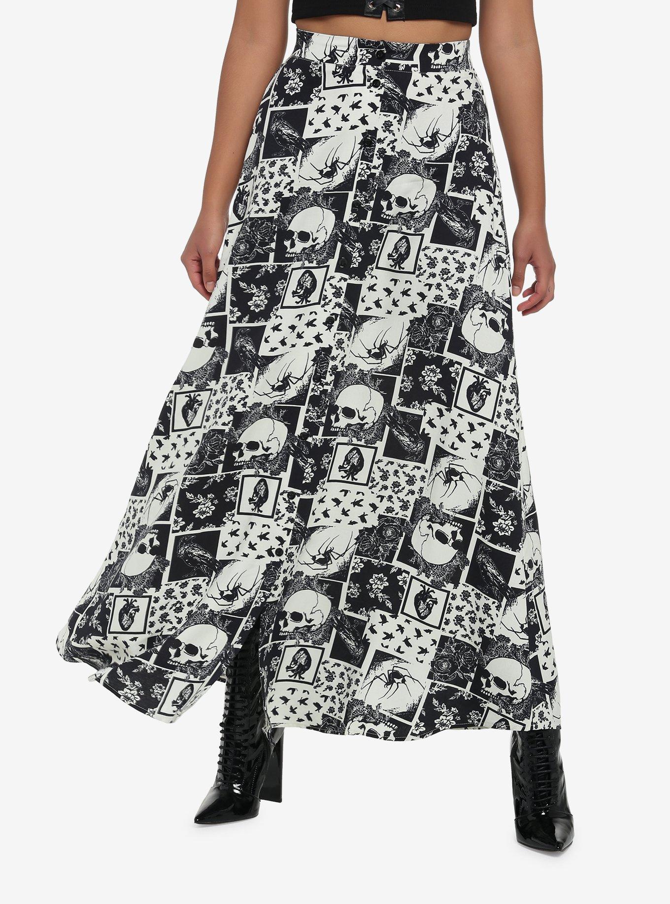 Skull Spider Raven Patchwork Midi Skirt, BLACK, hi-res