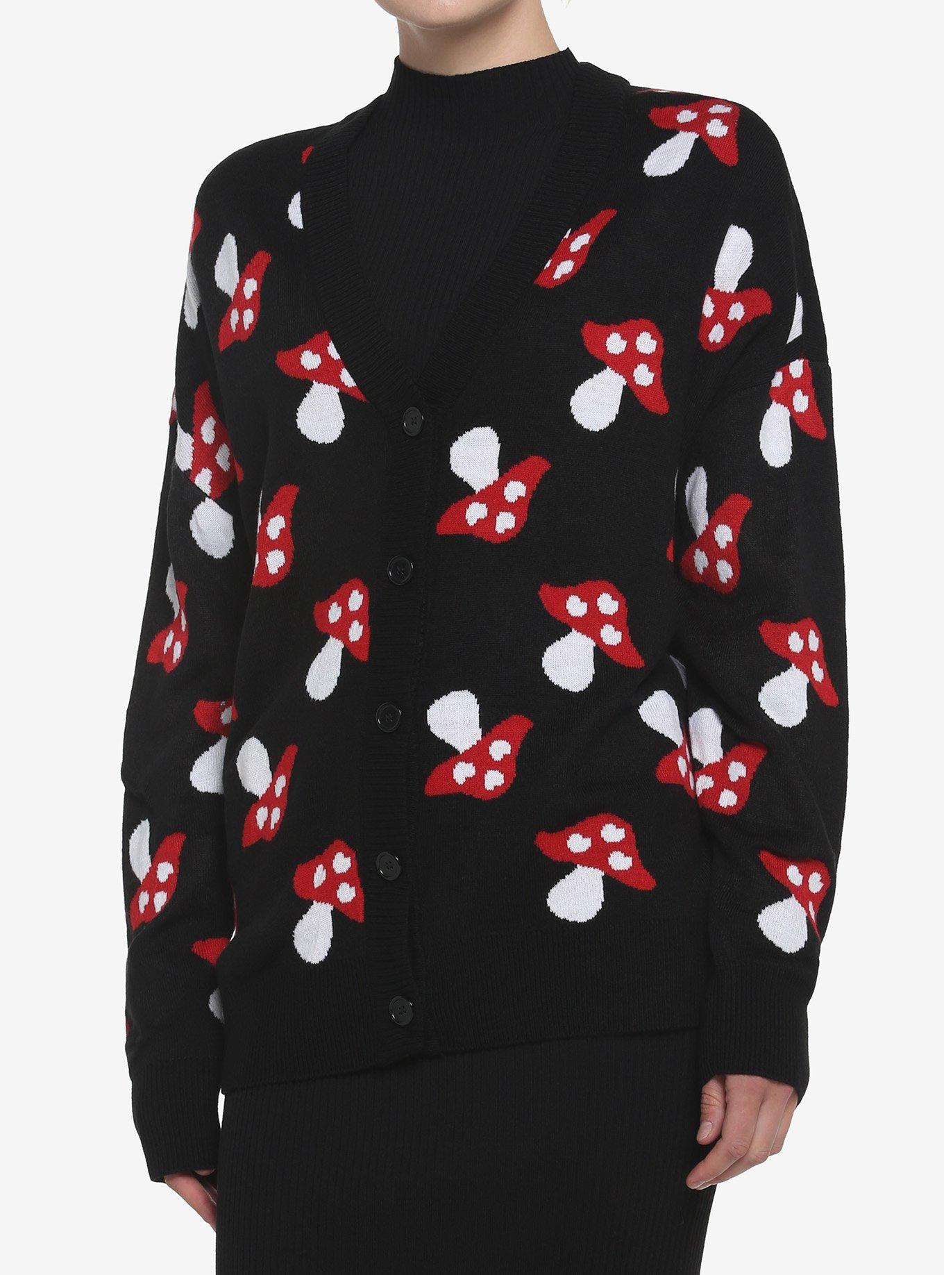 Red Mushroom Button-Front Girls Cardigan, BLACK, hi-res