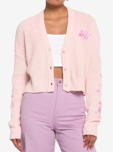 Cropped Crewneck Cardigan With Bonded Seams Cherry Blossom Pink