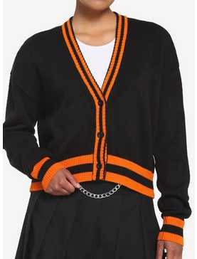 Black & Orange Varsity Stripe Girls Crop Cardigan, , hi-res