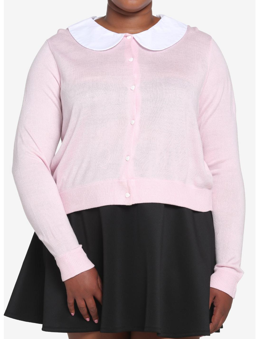 Pink Collared Girls Crop Cardigan Plus Size, PINK, hi-res