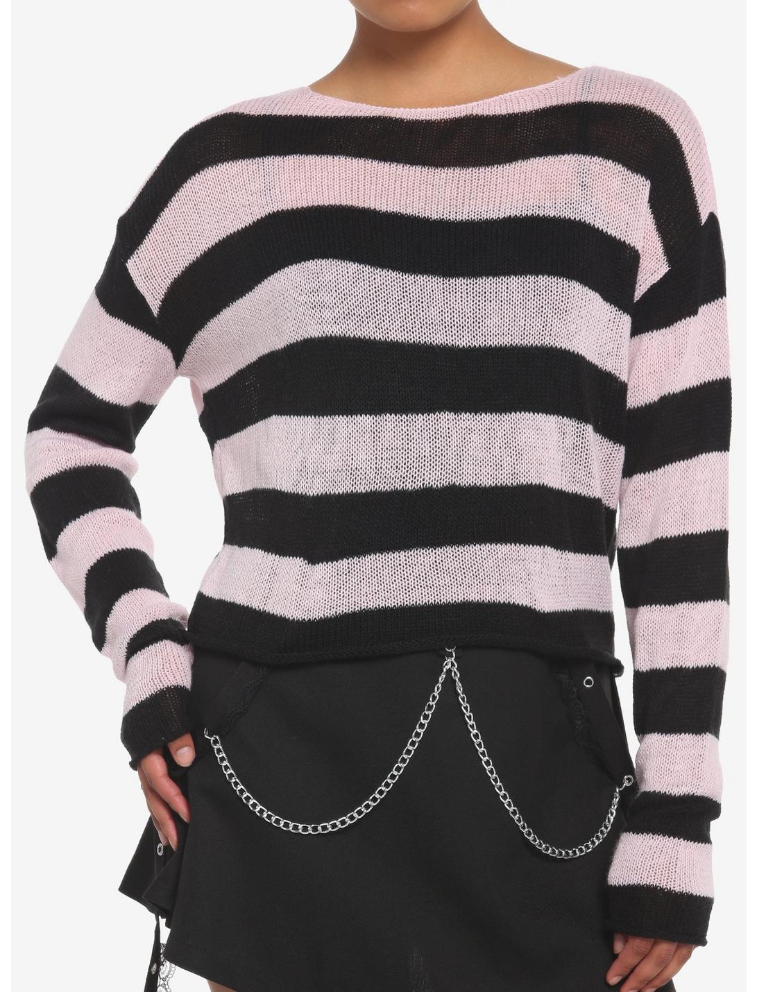 Black & Pink Stripe Girls Crop Sweater, PINK, hi-res