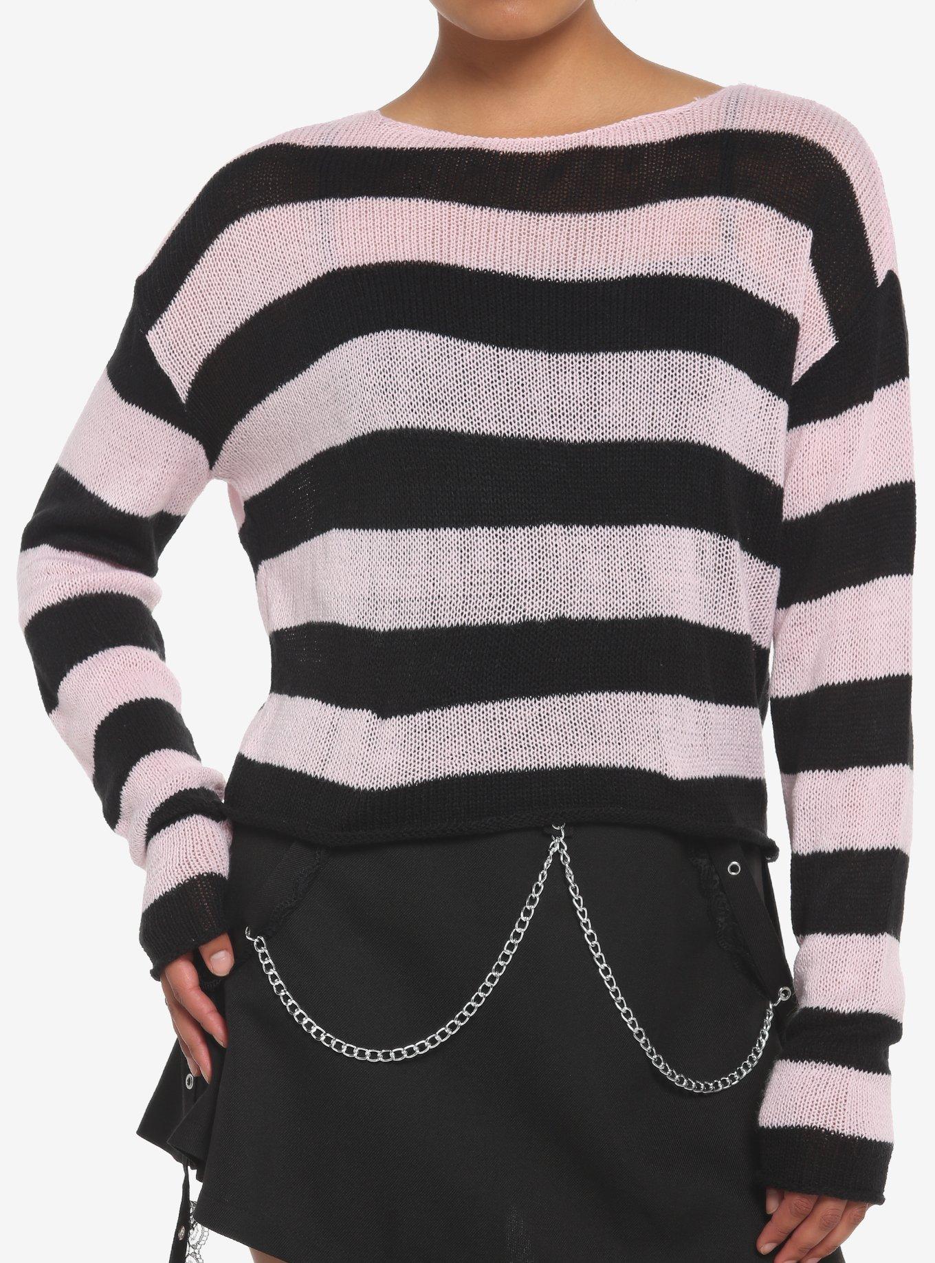Black & Pink Stripe Girls Crop Sweater, PINK, hi-res
