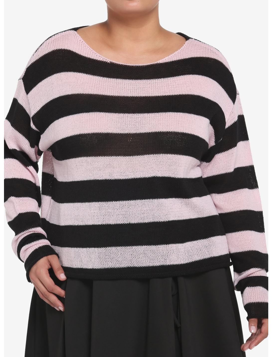 Black & Pink Stripe Girls Crop Sweater Plus Size, PINK, hi-res