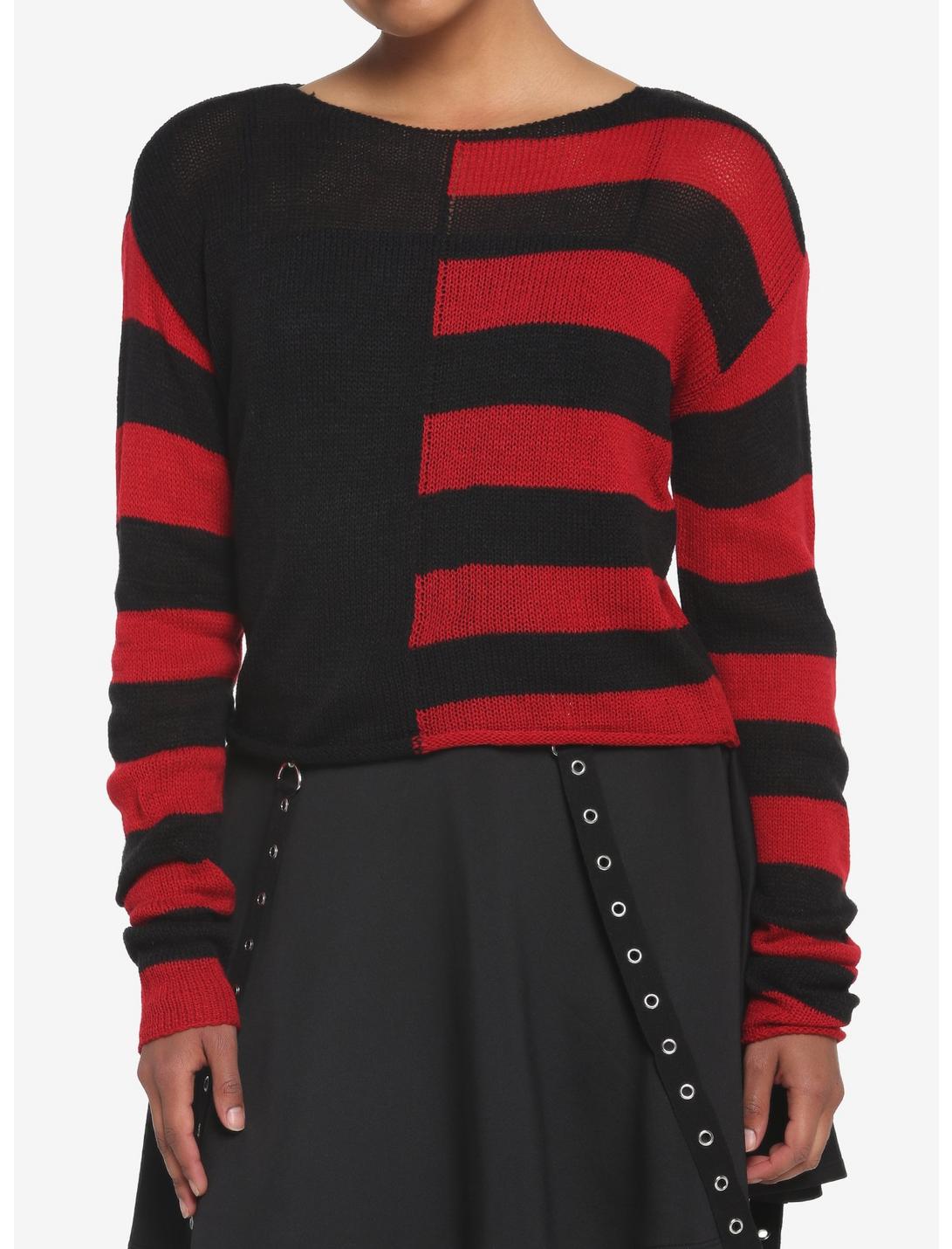 Black & Red Stripe Split Girls Crop Sweater, STRIPES - RED, hi-res