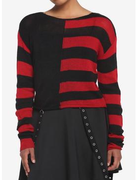 Black & Red Stripe Split Girls Crop Sweater, , hi-res