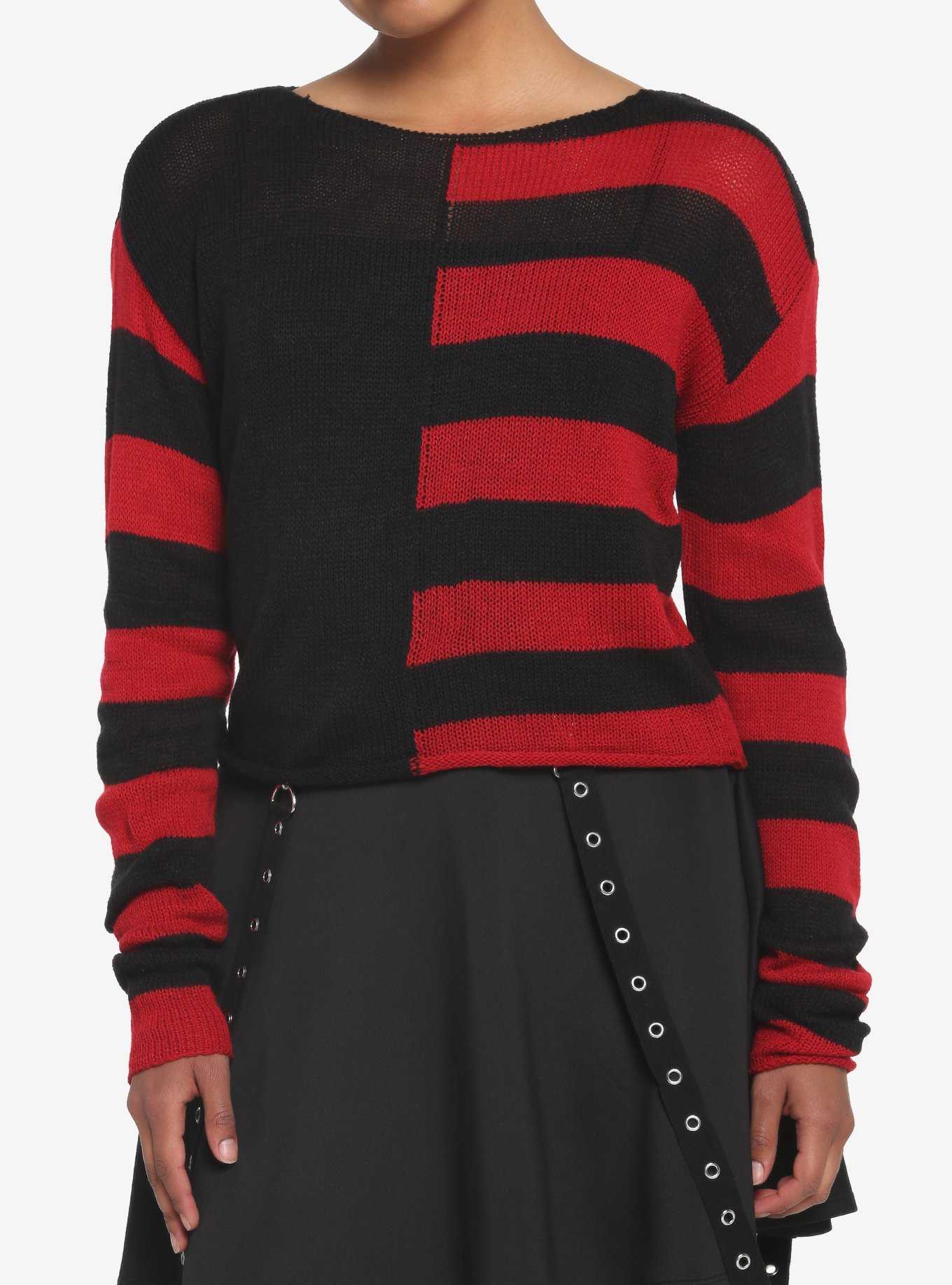 Black sweater with red striped sleeves sale