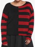 Black & Red Stripe Split Girls Crop Sweater Plus Size, STRIPES - RED, hi-res