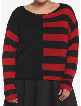 Black & Red Stripe Split Girls Crop Sweater Plus Size, , hi-res