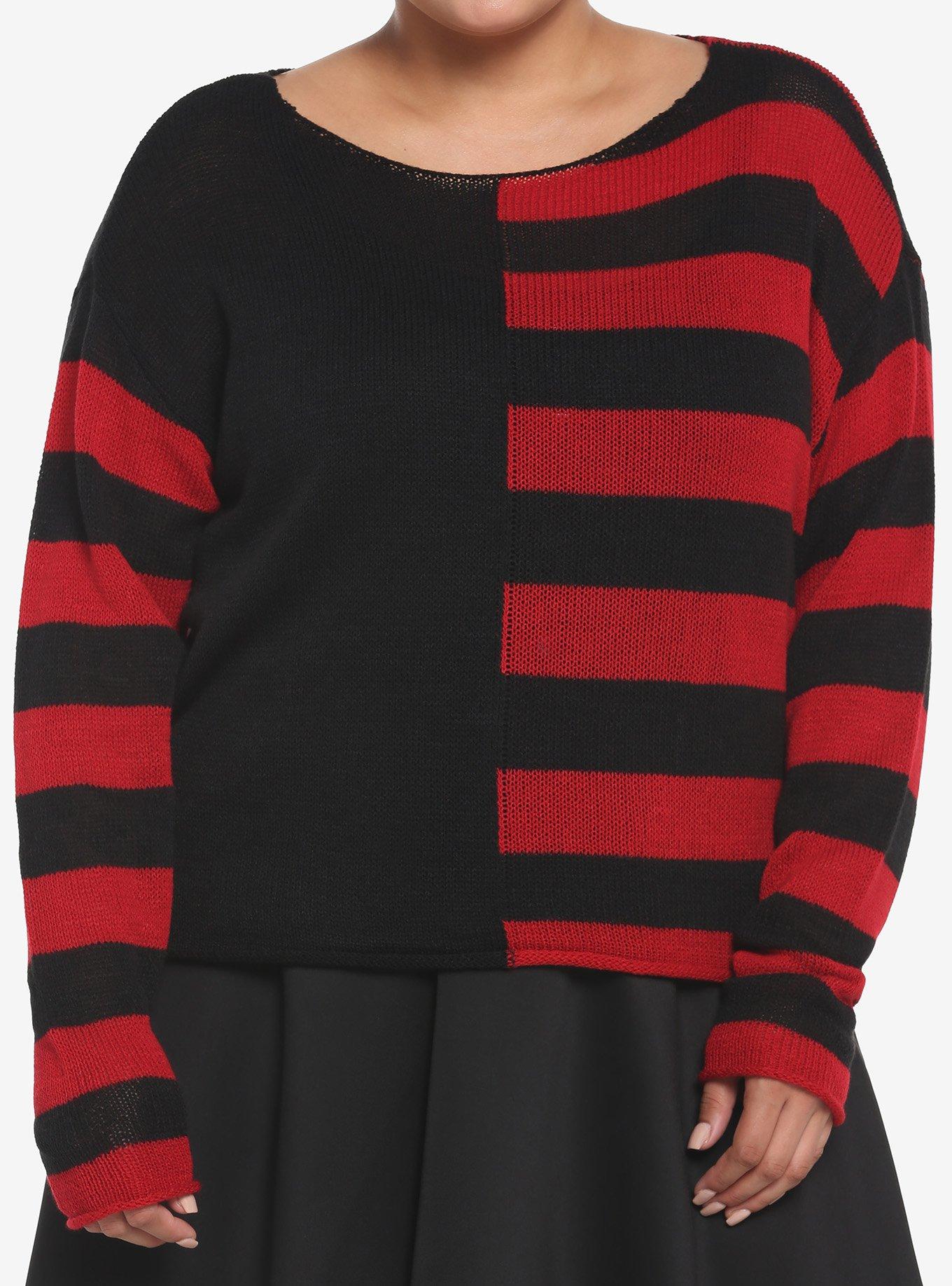 Black & Red Stripe Split Girls Crop Sweater Plus Size, STRIPES - RED, hi-res