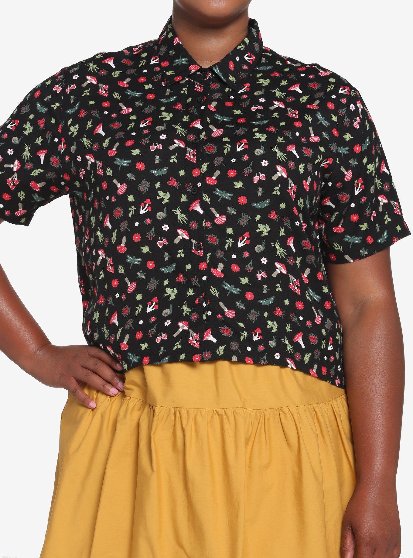 Black Mushroom Frog Boxy Woven Button-Up Plus Size, MULTI, hi-res