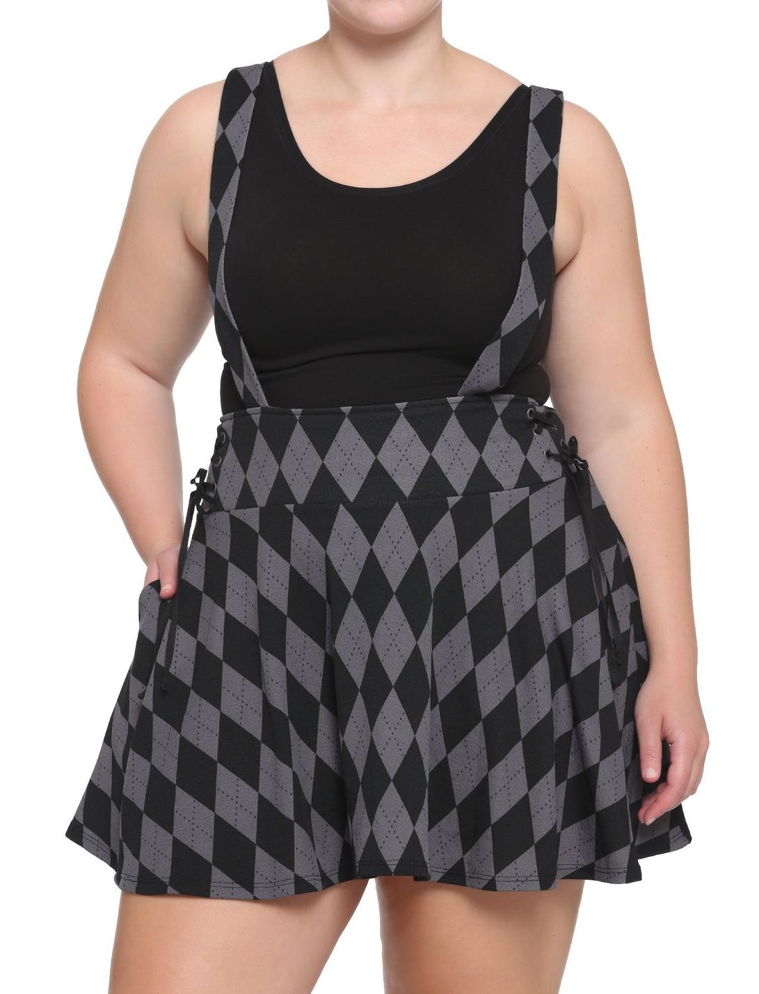 Black & Grey Argyle Lace-Up Suspender Skirt Plus Size, MULTI, hi-res