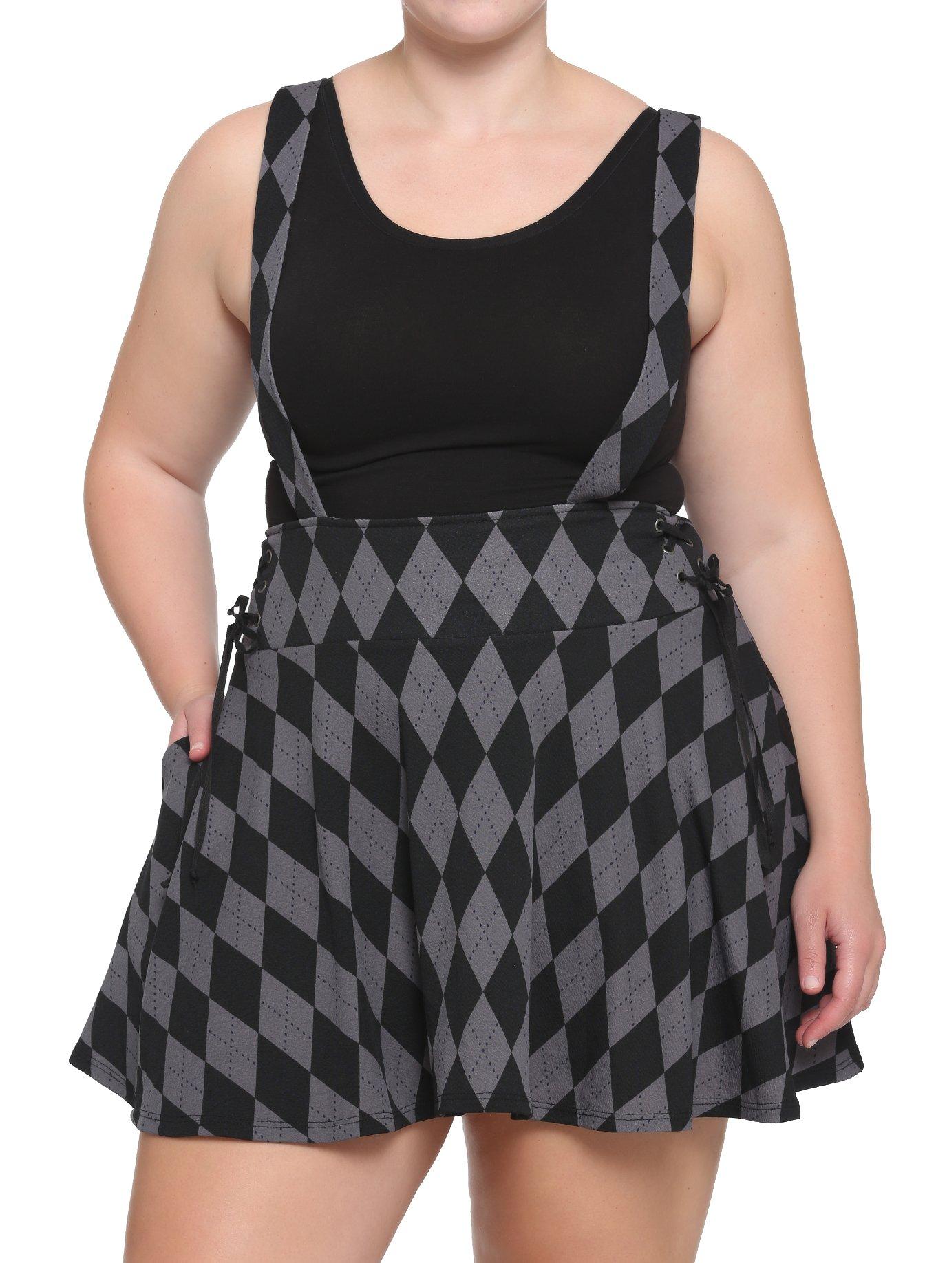 Black & Grey Argyle Lace-Up Suspender Skirt Plus Size, MULTI, hi-res