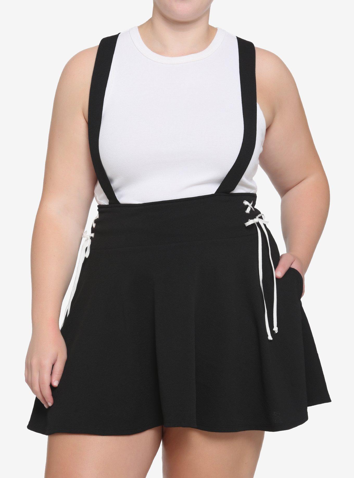 Black & White Lace-Up Suspender Skirt Plus Size, BLACK-WHITE, hi-res