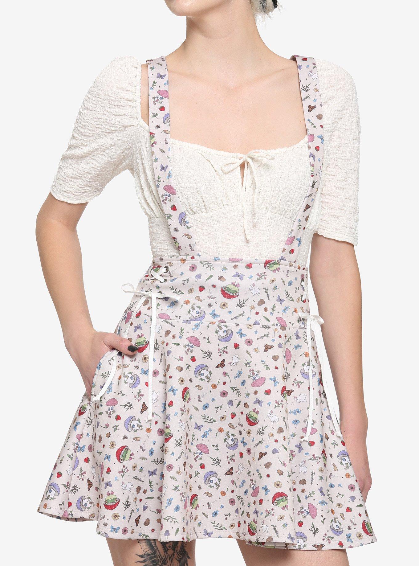 Ivory Cottagecore Lace-Up Suspender Skirt, MULTI, hi-res