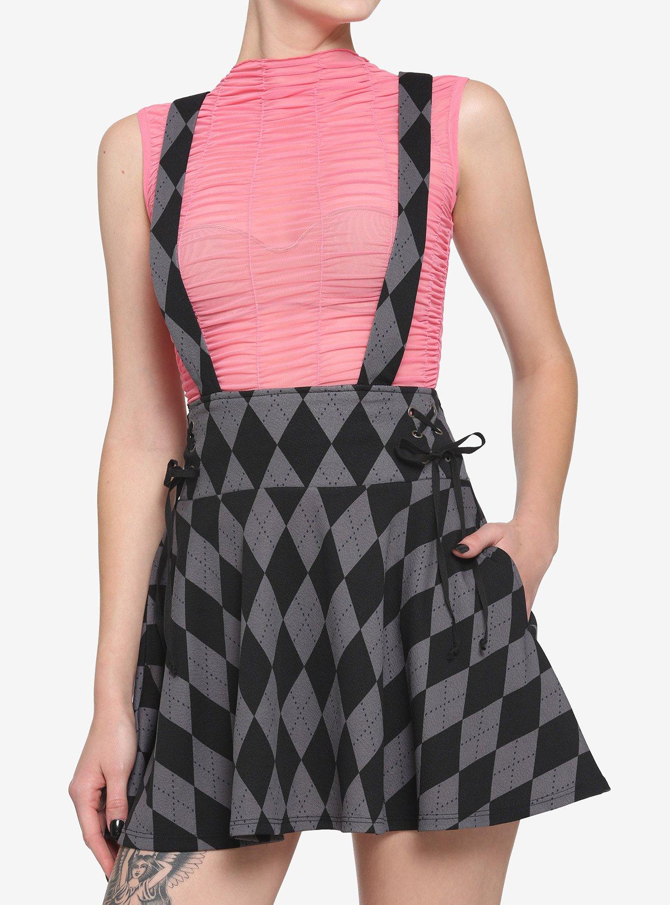Black & Grey Argyle Lace-Up Suspender Skirt, MULTI, hi-res