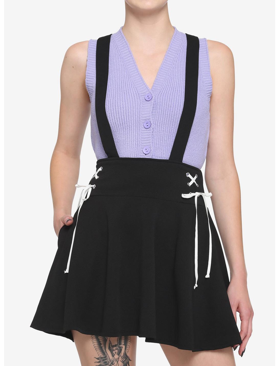 Black & White Lace-Up Suspender Skirt, BLACK-WHITE, hi-res
