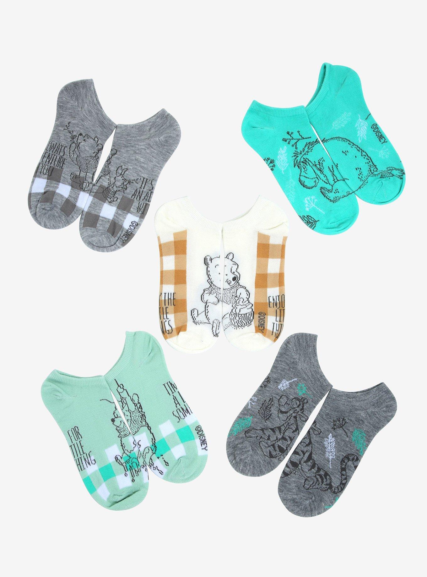 Disney Winnie The Pooh Teal Gingham No-Show Socks 5 Pair, , hi-res