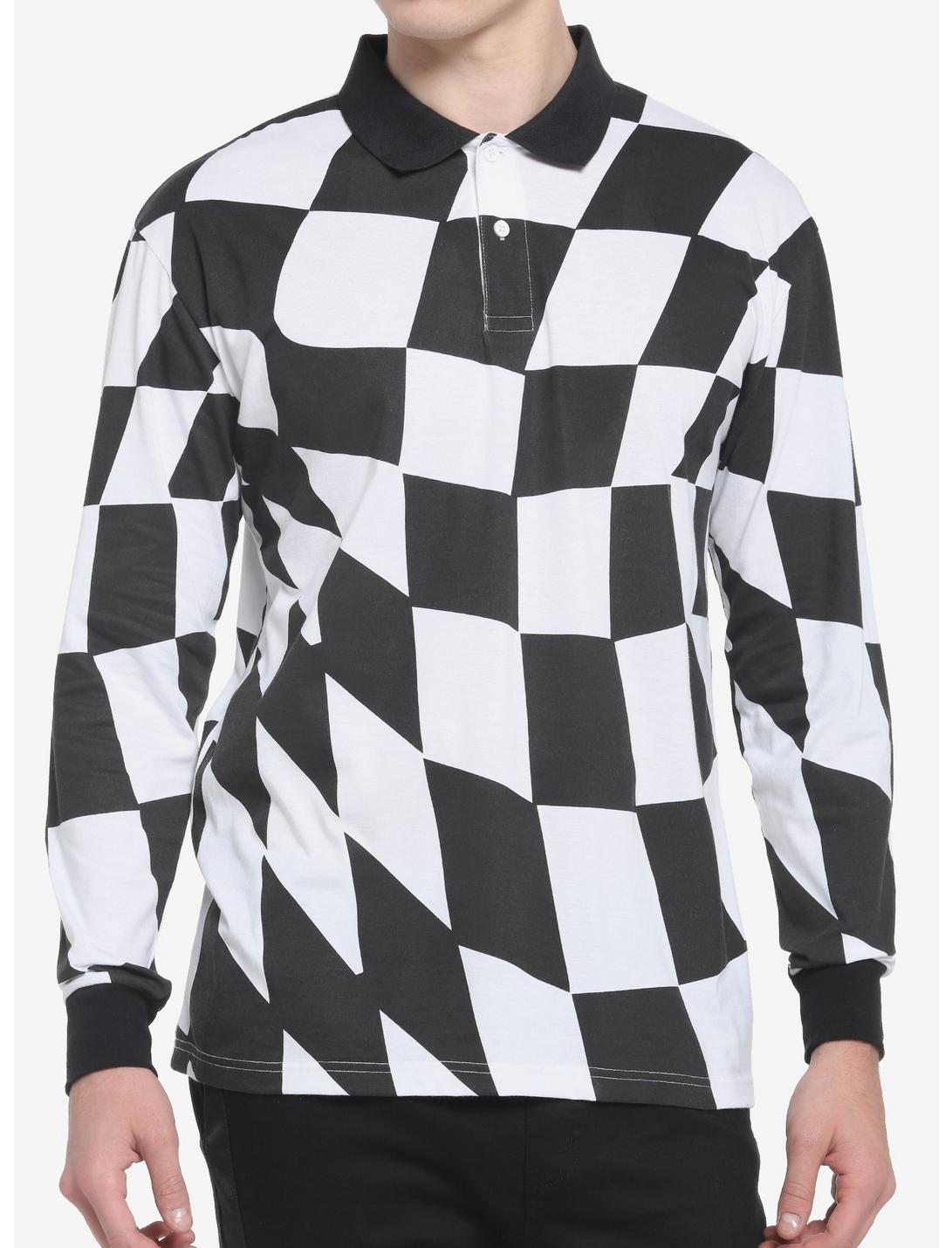 Black & White Checkered Long-Sleeve Polo Shirt, BLACK  WHITE, hi-res