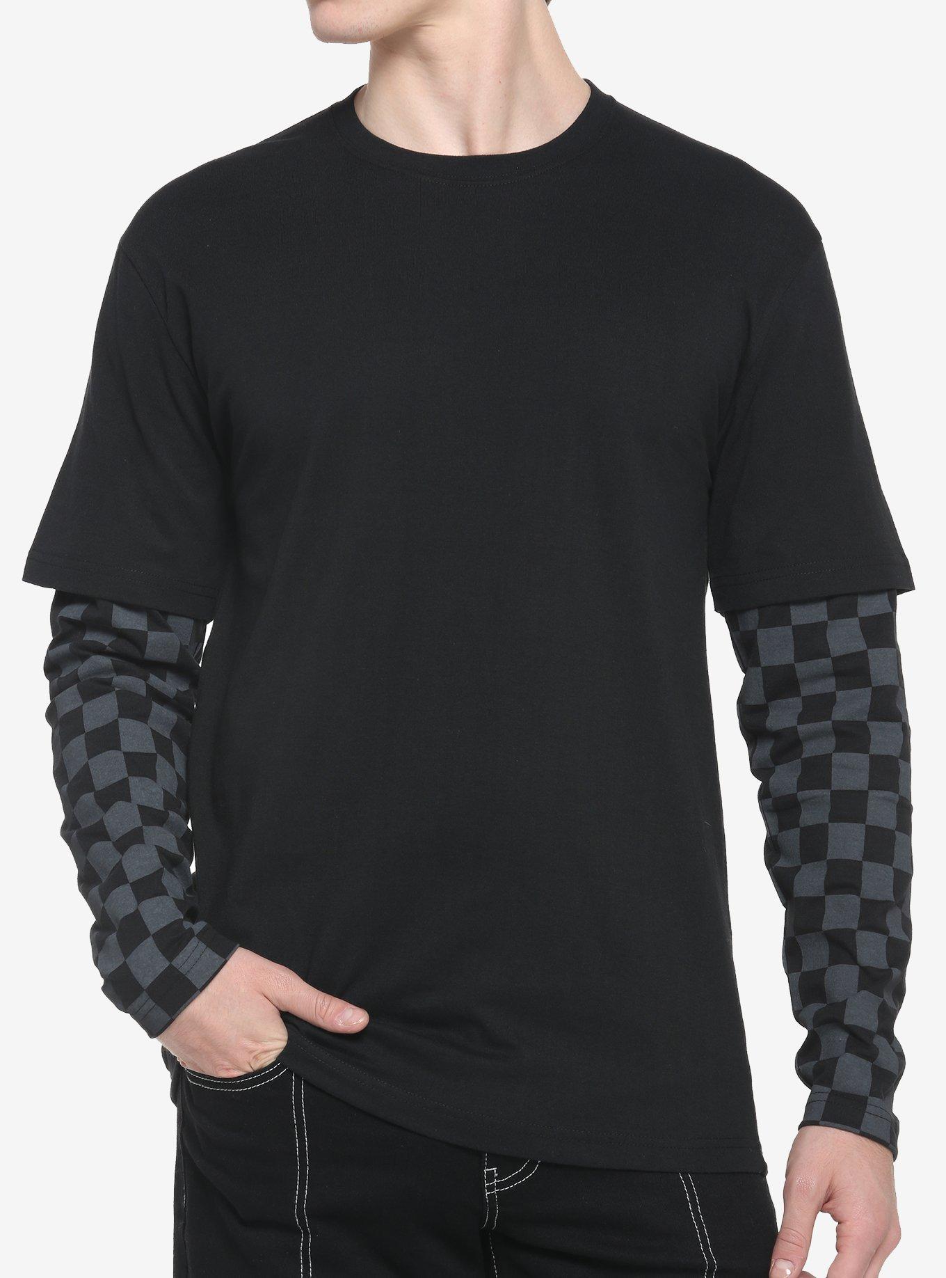 Black & Grey Checkered Twofer Long-Sleeve T-Shirt, BLACK  GREY, hi-res