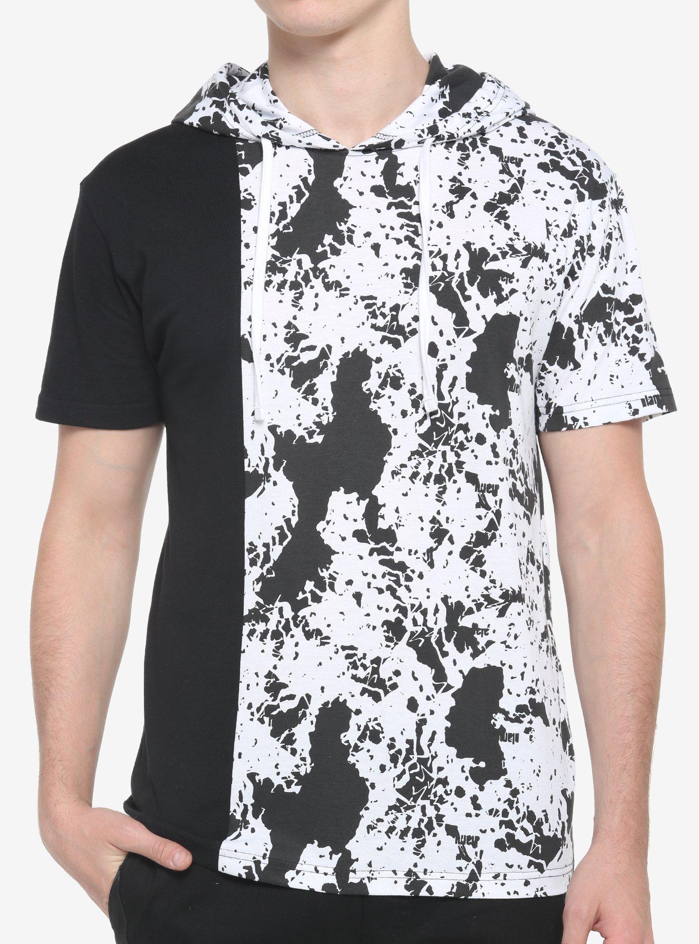 Black & White Splatter Split Short-Sleeve Hoodie, BLACK  WHITE, hi-res