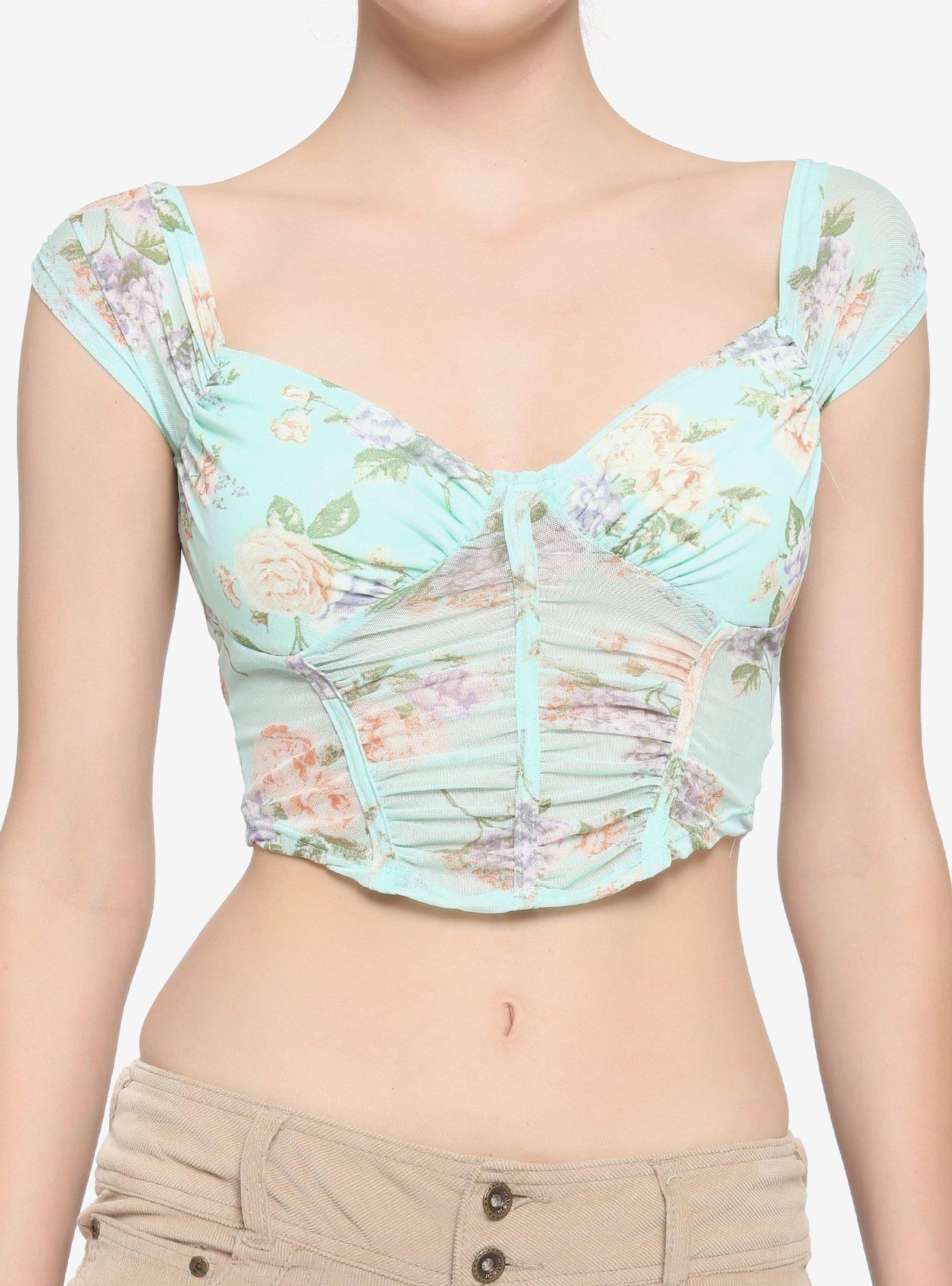 Mint Floral Mesh Corset Top, MINT, hi-res