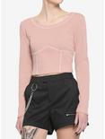 Pink Waffle Knit Contrast Stitch Girls Crop Long-Sleeve Top, PINK, hi-res