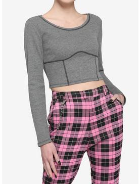 Grey Waffle Knit Contrast Stitch Girls Crop Long-Sleeve Top, , hi-res
