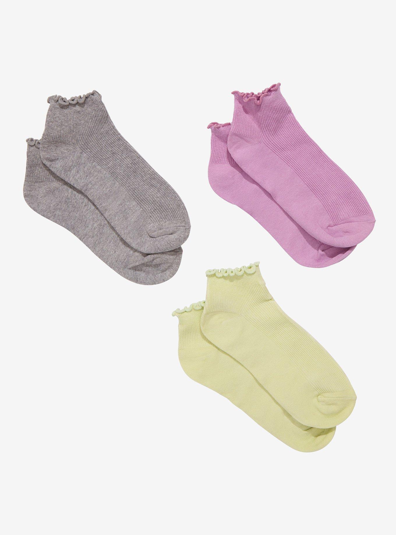 Grey Green Purple Ruffle Ankle Socks 3 Pair, , hi-res
