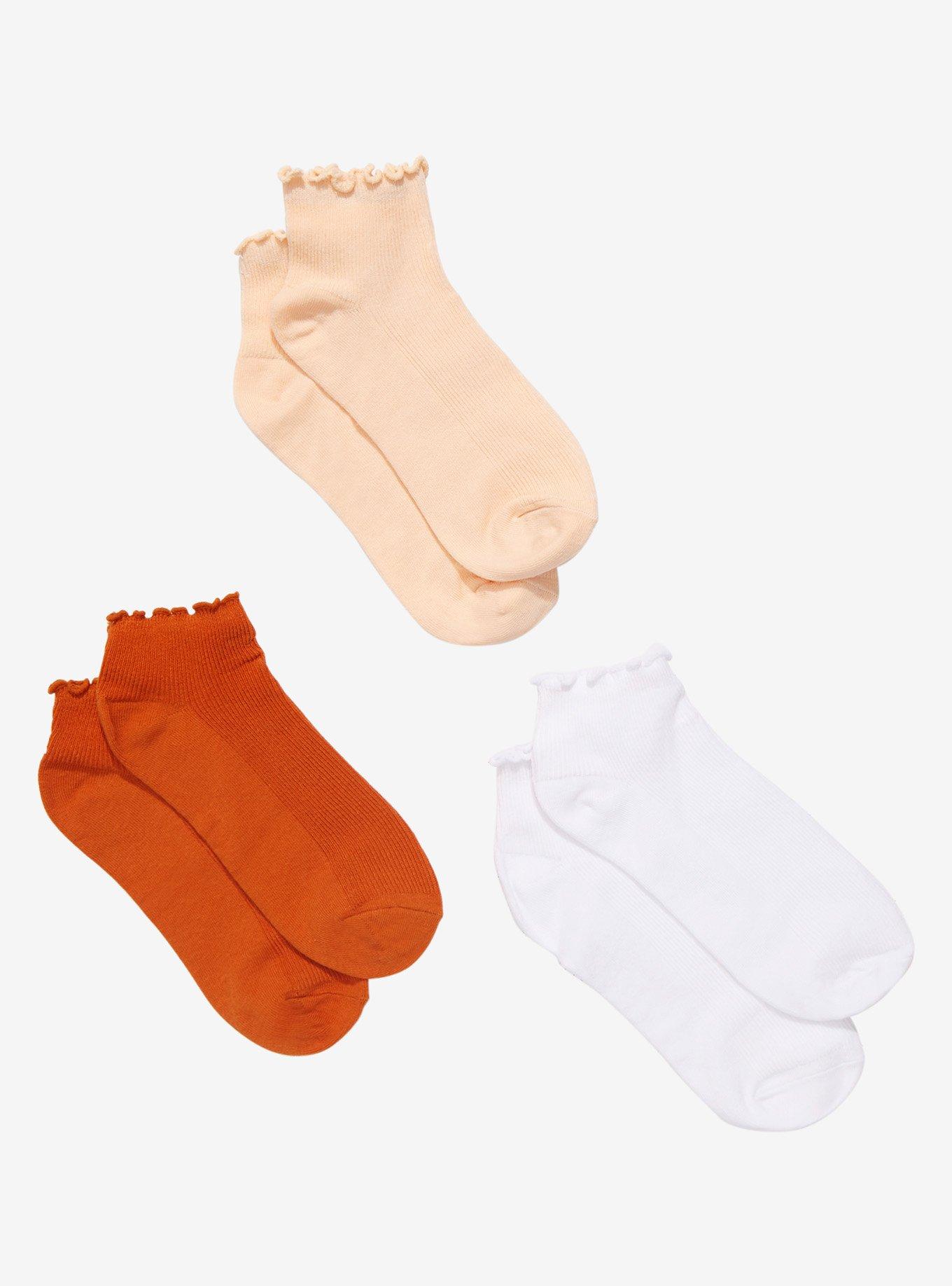 Orange Peach White Ruffle Ankle Socks 3 Pair, , hi-res