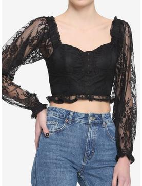 Black Lace Corset Girls Crop Long-Sleeve Top, , hi-res