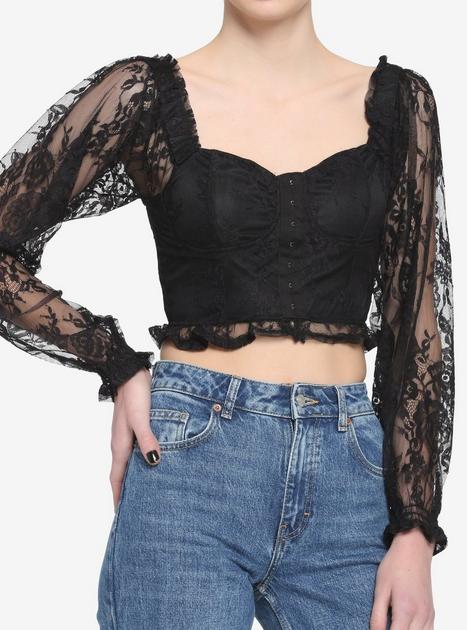 トップス meltthelady twin strap lace tops Black Lace Corset Girls Crop Long-Sleeve Top | Hot Topic