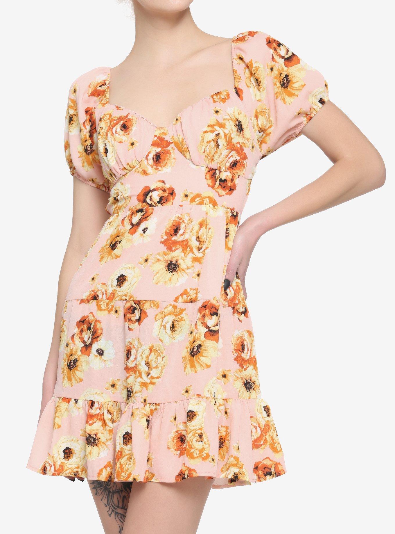 Peach Floral Tiered Dress Hot Topic