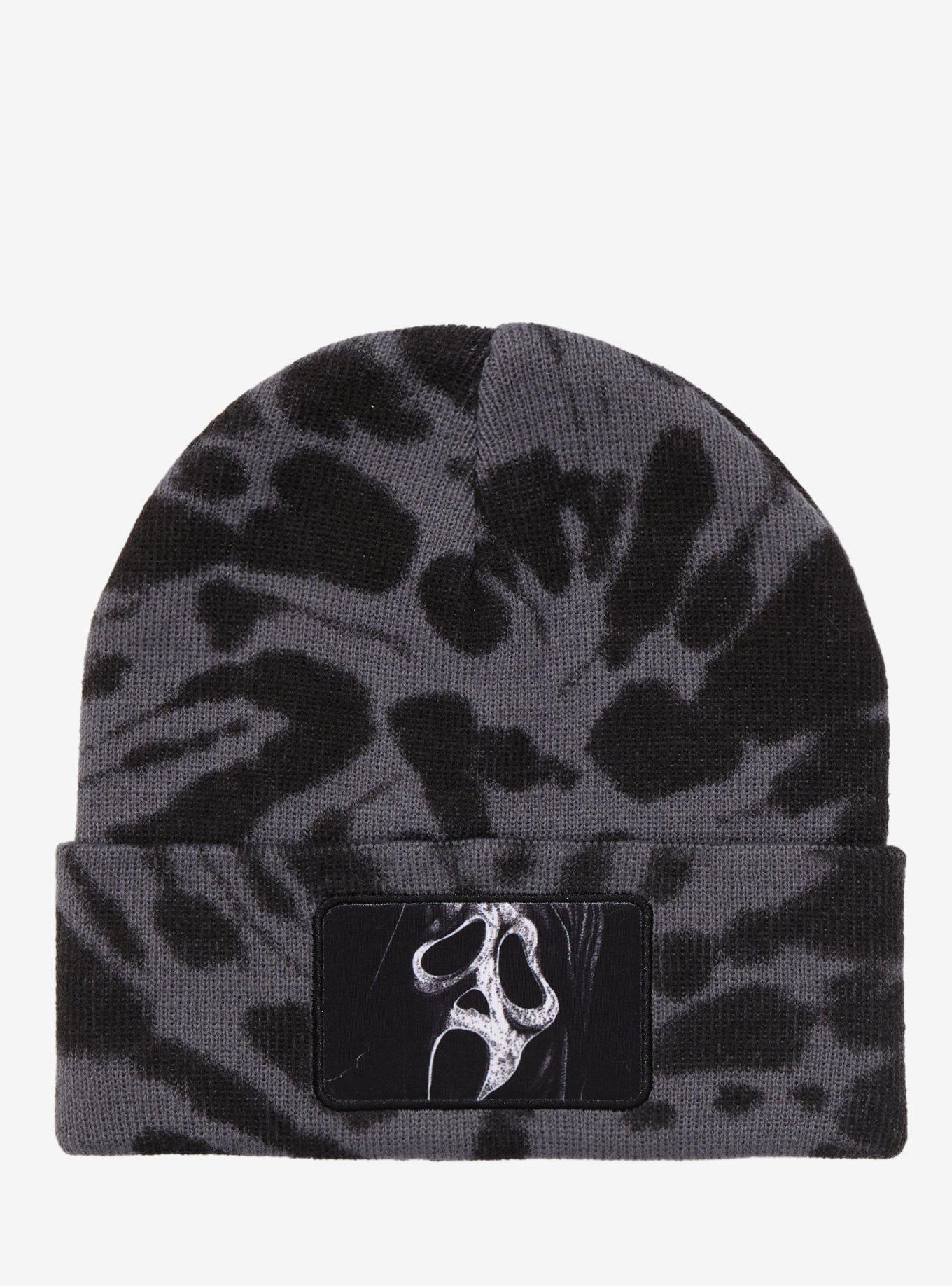 Scream Ghost Face Patch Grey Tie-Dye Beanie, , hi-res