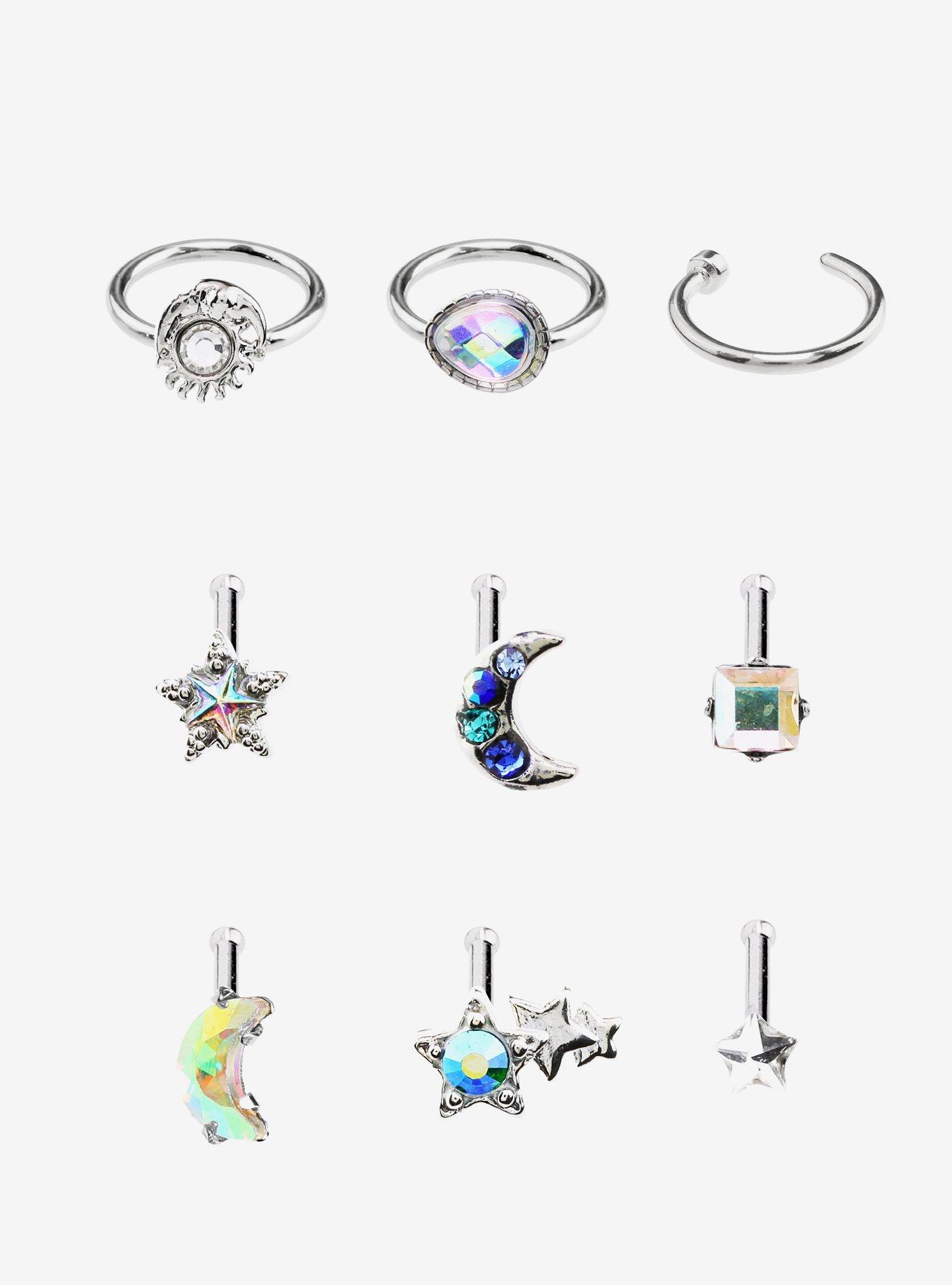 Steel Silver Celestial Nose Stud & Hoop 9 Pack, SILVER, hi-res