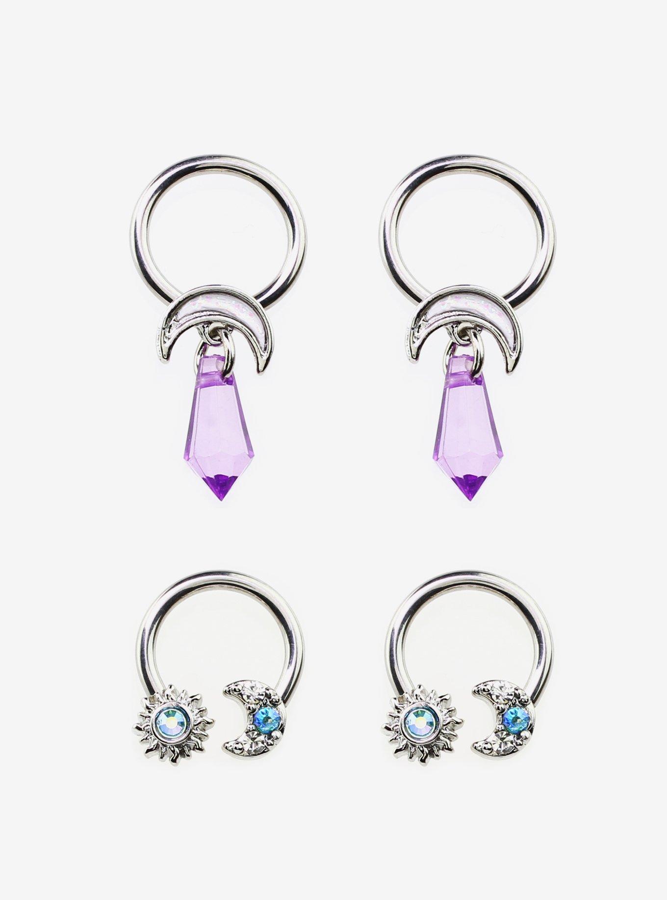 Steel Silver Celestial Crystal Curved Barbell & Captive Hoop 4 Pack, SILVER, hi-res