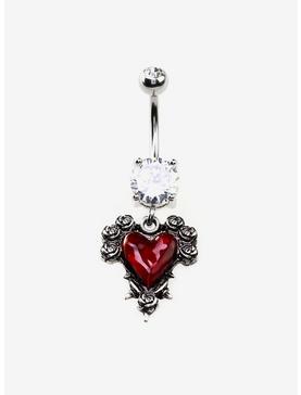 14G Steel Silver Gothic Rose Heart Navel Barbell, , hi-res