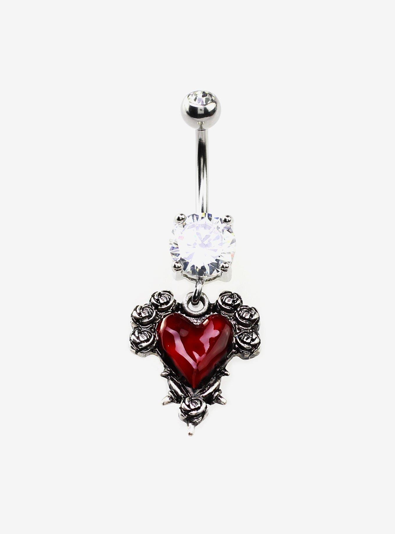 14G Steel Silver Gothic Rose Heart Navel Barbell, , hi-res