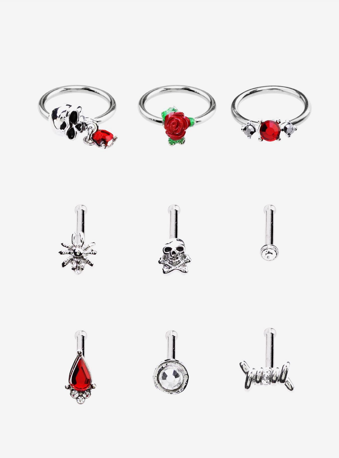 Steel Skull Rose Spider Nose Stud Hoop 9 Pack