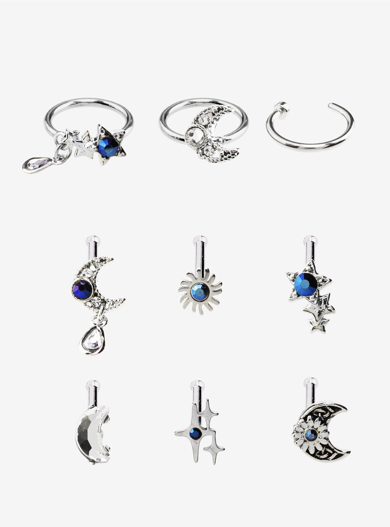 Steel Silver Blue Moon & Stars Nose Stud & Hoop 9 Pack, SILVER, hi-res