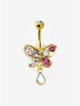 14G Steel Gold Bejeweled Butterfly Navel Barbell, , hi-res