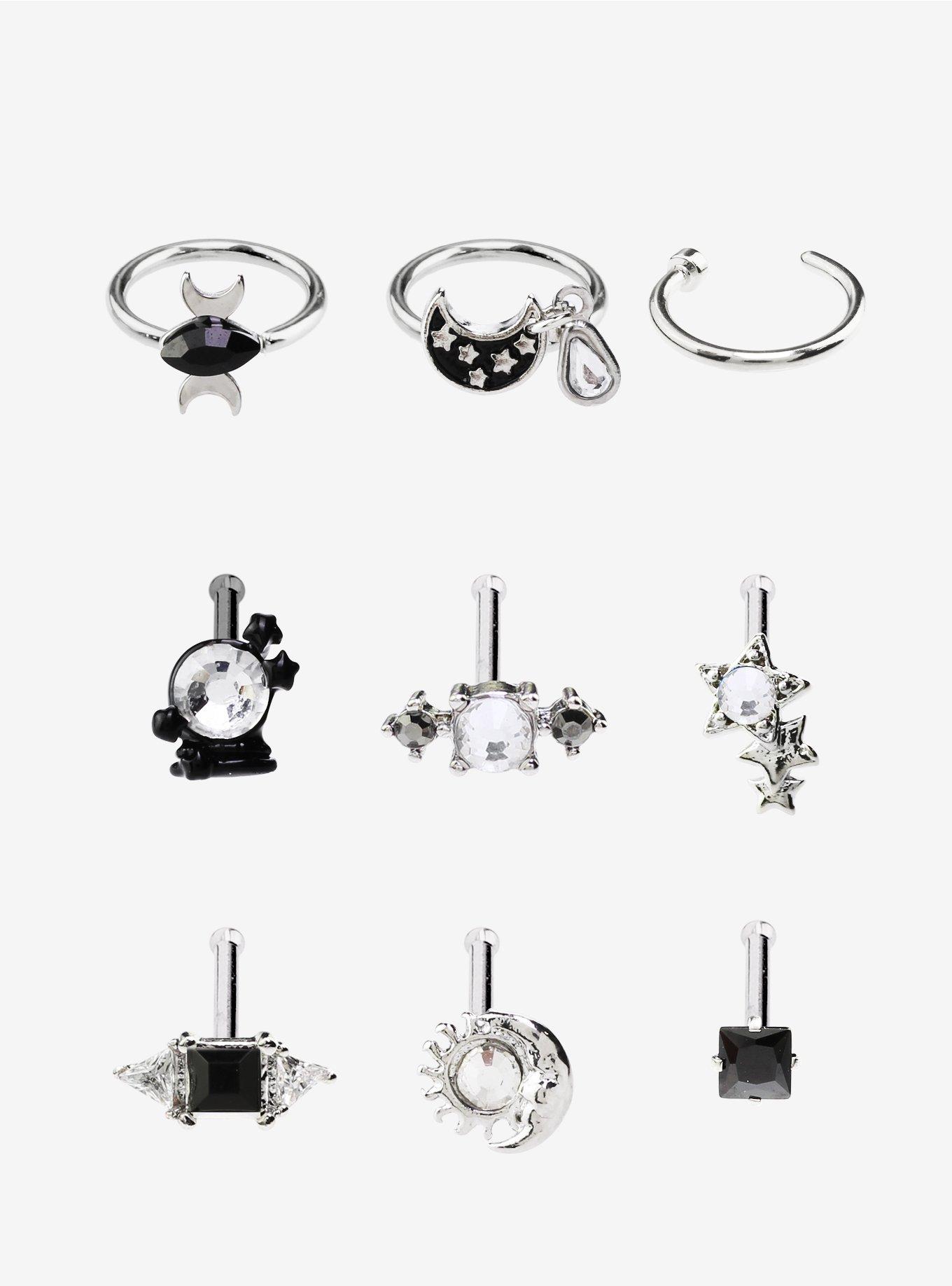 Steel Silver Black Moon & Stars Nose Stud & Hoop 9 Pack, SILVER, hi-res
