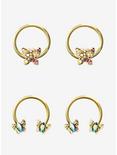 Steel Gold Bejeweled Butterflies Curved Barbell & Captive Hoop 4 Pack, GOLD, hi-res